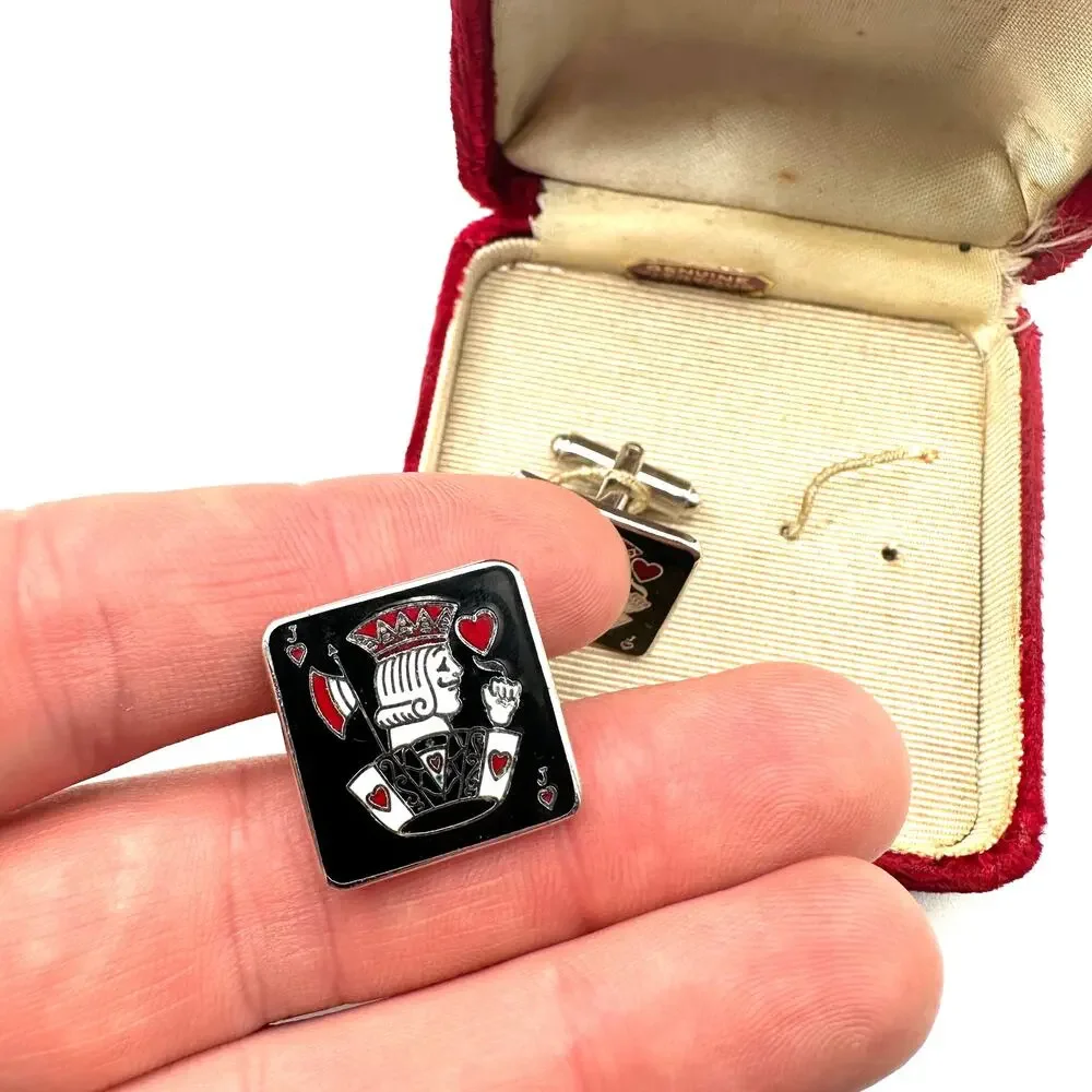 VTG Shields Fifth Avenue Jack of Spades Cuff Links Set Men Black Vitreous Enamel